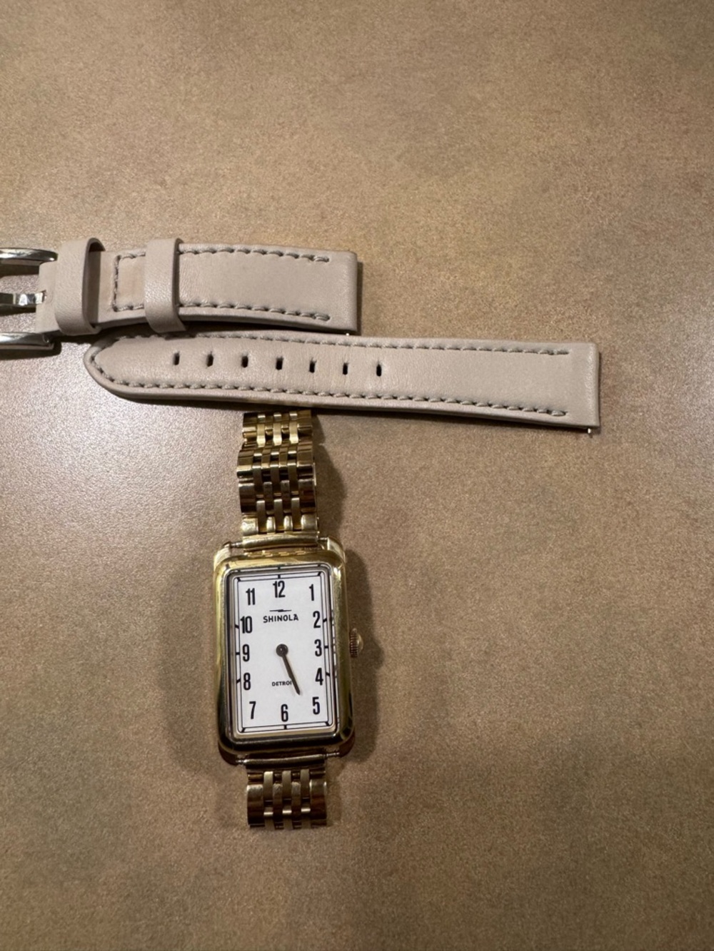 Shinola Bixby Gold-Tone Rectangular Watch with Cream Leather Strap